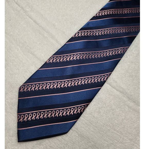 Breast Cancer Awareness blue stripe pink ribbon silk tie - Picture 5 of 5